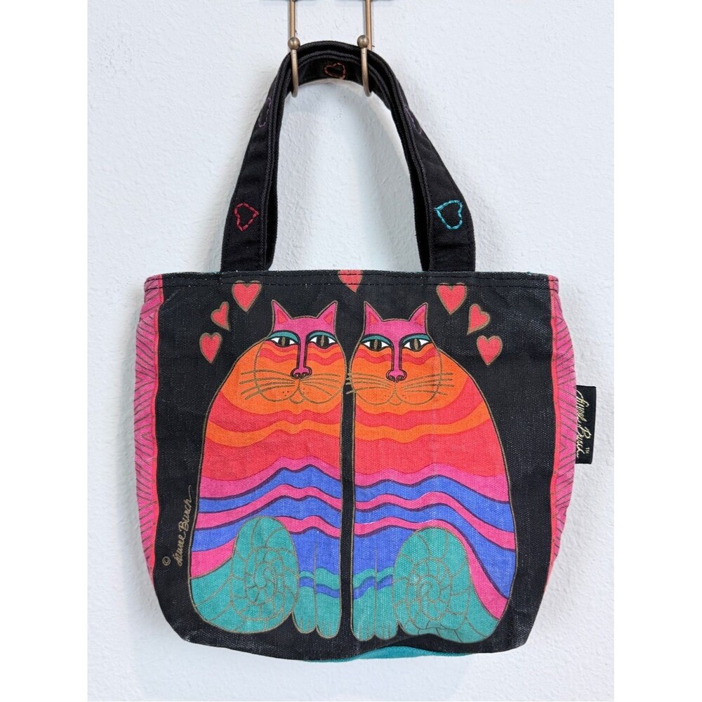 Vintage Laurel Burch Two Cats Canvas Small Tote